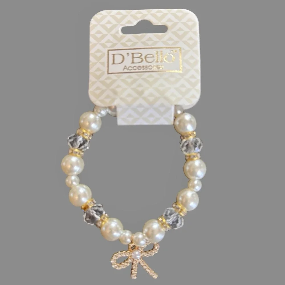 D'Bello White Pearl Beaded Stretch Charm Bracelet‎ Rhinestone Womens Jewelry NEW